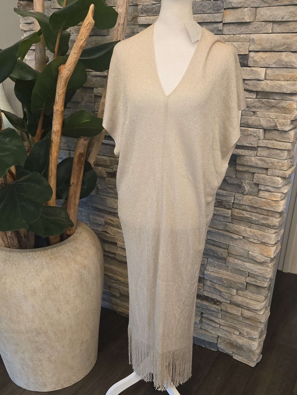 Max Mara  Beachwear Macao Belted Fringed Metallic Open-Knit Kaftan
